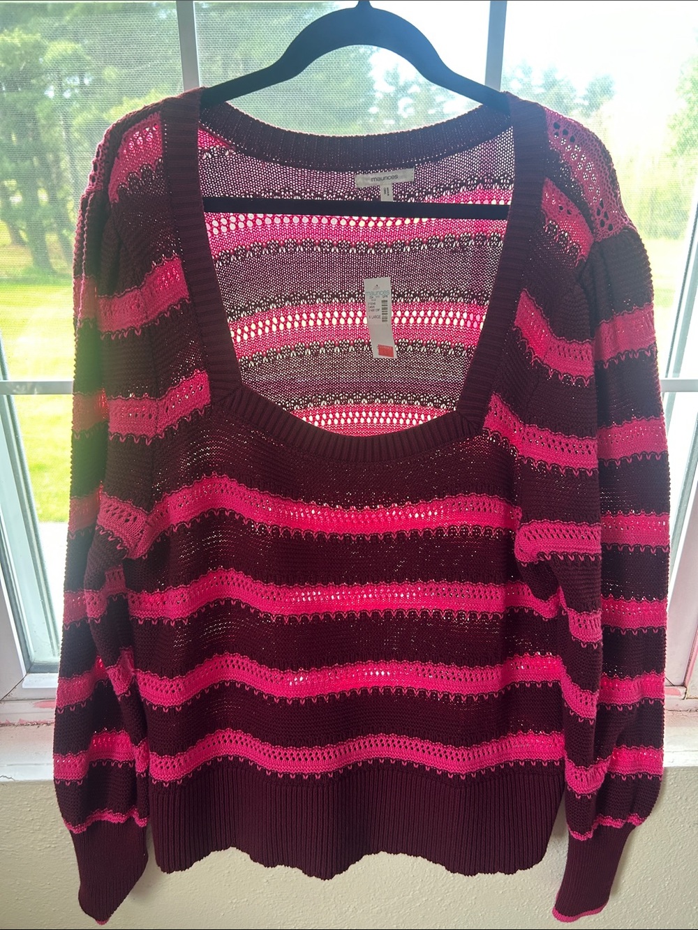 Maurices Burgundy and Bright Pink Striped Open-Knit Scoop Neck Sweater